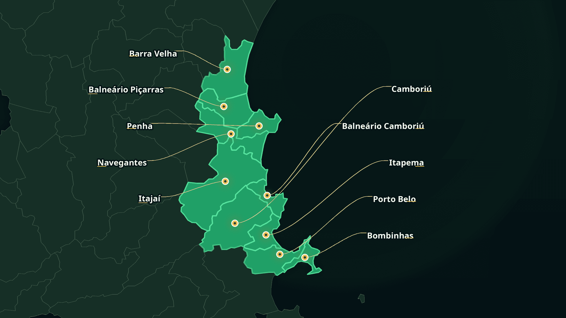 Mapa da área de atendimento da Motta Elevadores no litoral catarinense