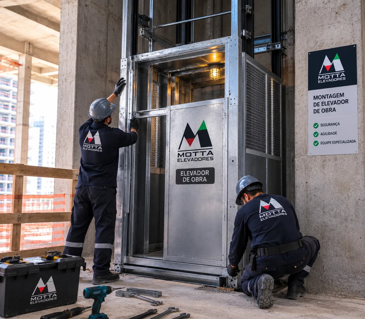 Equipe da Motta montando elevador em obra no litoral de Santa Catarina