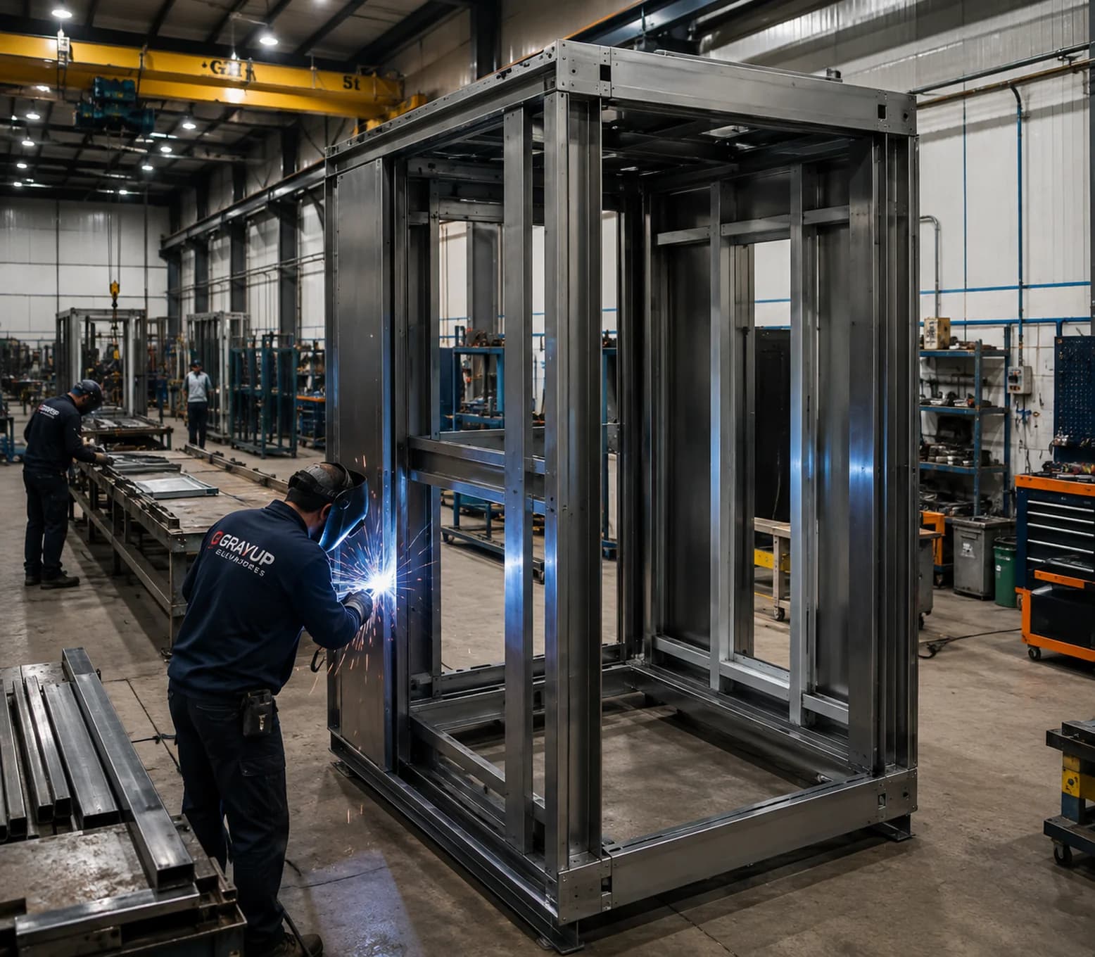 Estrutura de elevador em produção na oficina da Motta, em Camboriú