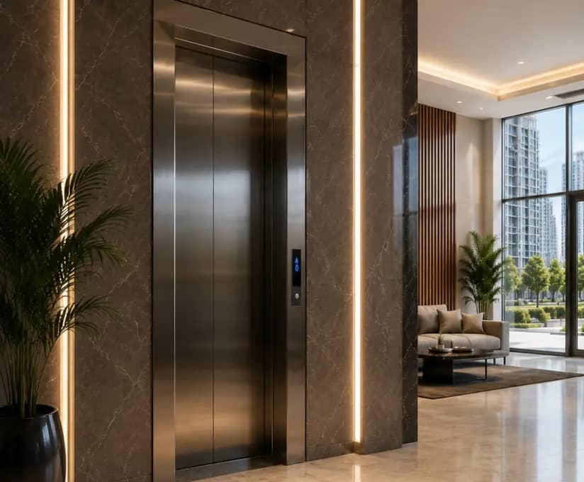 Elevador moderno instalado em hall de edifício atendido pela Motta Elevadores