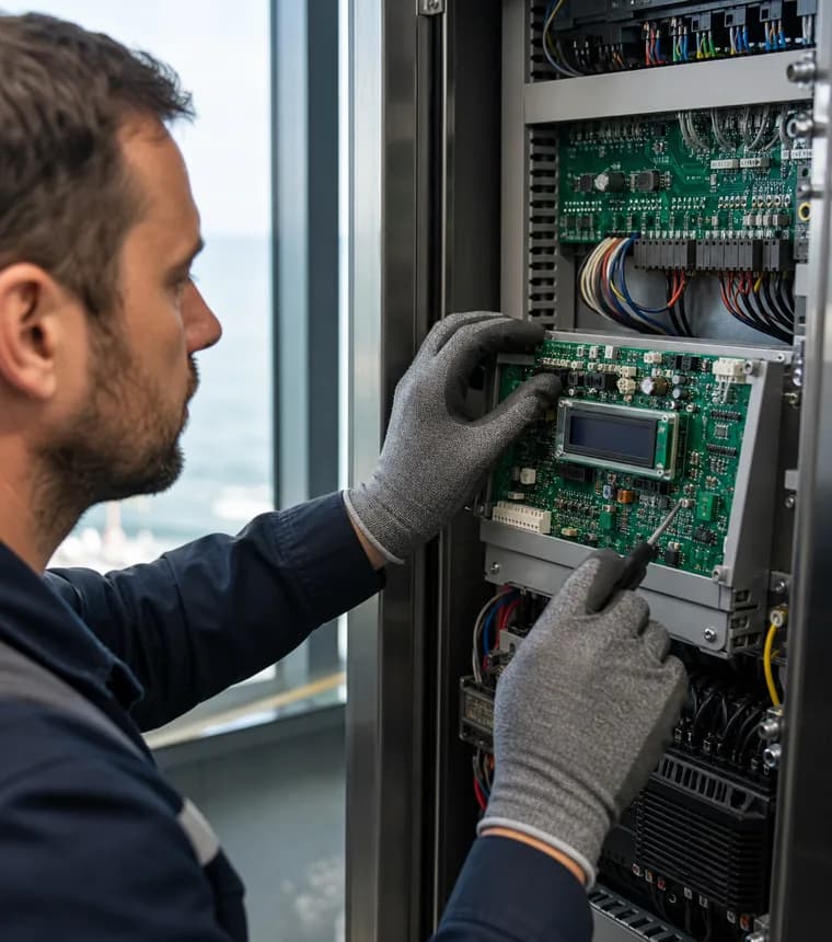 Componente eletrônico de elevador em manutenção preventiva no litoral
