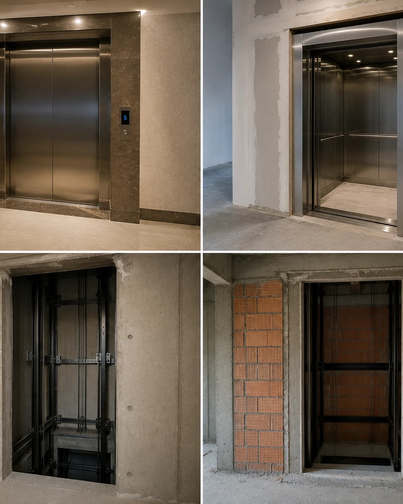 Quatro elevadores da Motta em estágios diferentes de montagem, do poço em obra ao hall acabado