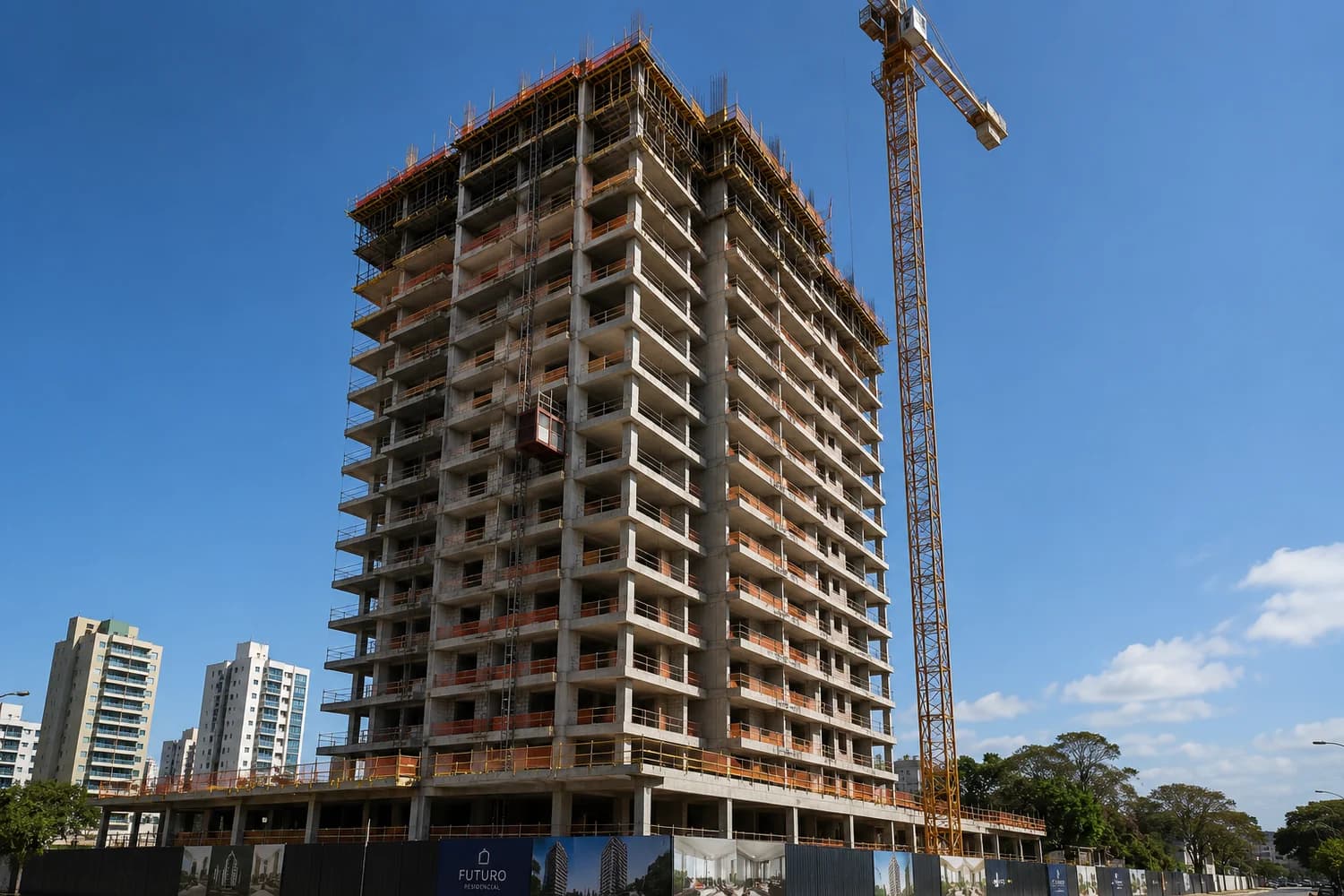 Torre residencial em construção, com estrutura em obra e guindaste