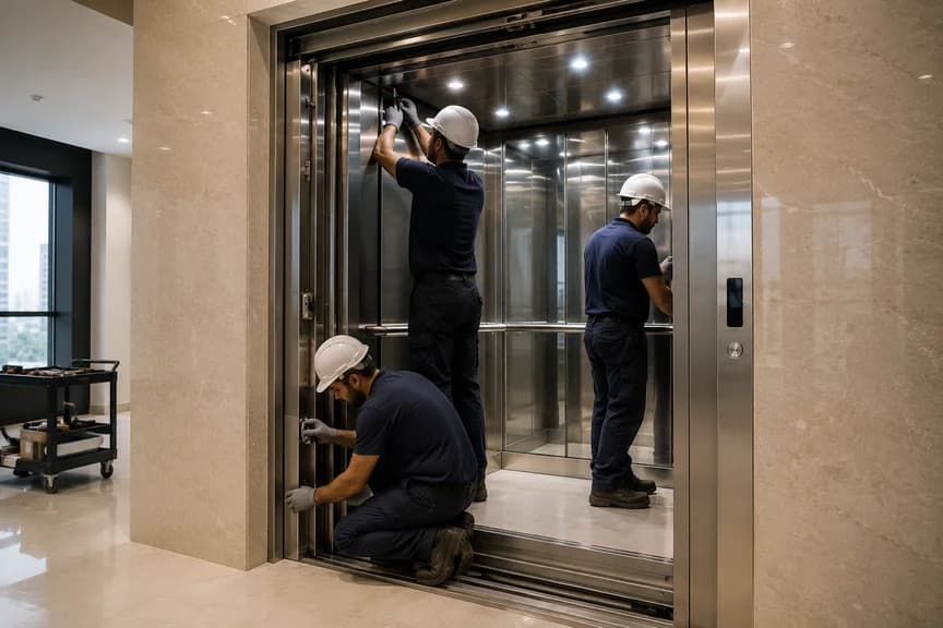 Equipe da Motta montando elevador no poço de um edifício
